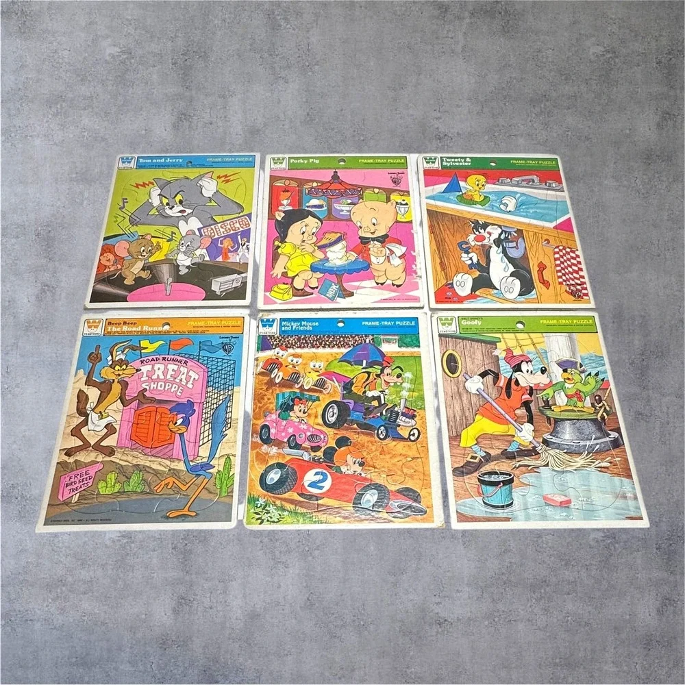 Lot 6 Vintage Whitman Frame Tray Puzzles Tom‎ Jerry Mickey Road Runner 1970s